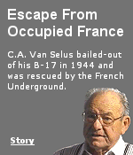 Shot-down over German occupied France, Van Selus escaped with the help of a brave young French woman, by pretending to be a man on his honeymoon.